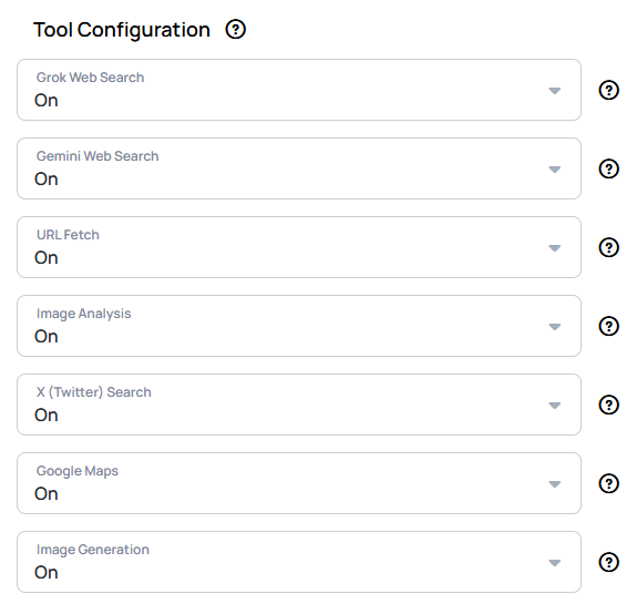 AI datasource Tool Configuration list: Grok Web Search, Gemini Web Search, URL Fetch, Image Analysis, X (Twitter) Search, Google Maps, Image Generation, each On