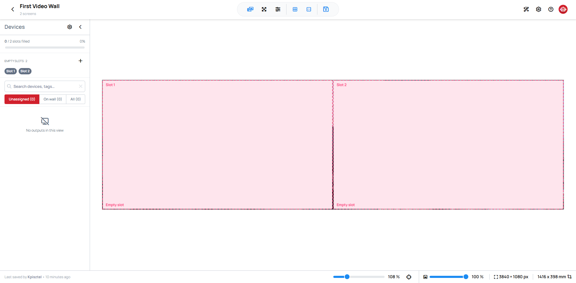 The Video Wall editor with a two-screen wall