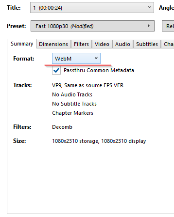 HandBrake Summary tab with the Format set to WebM