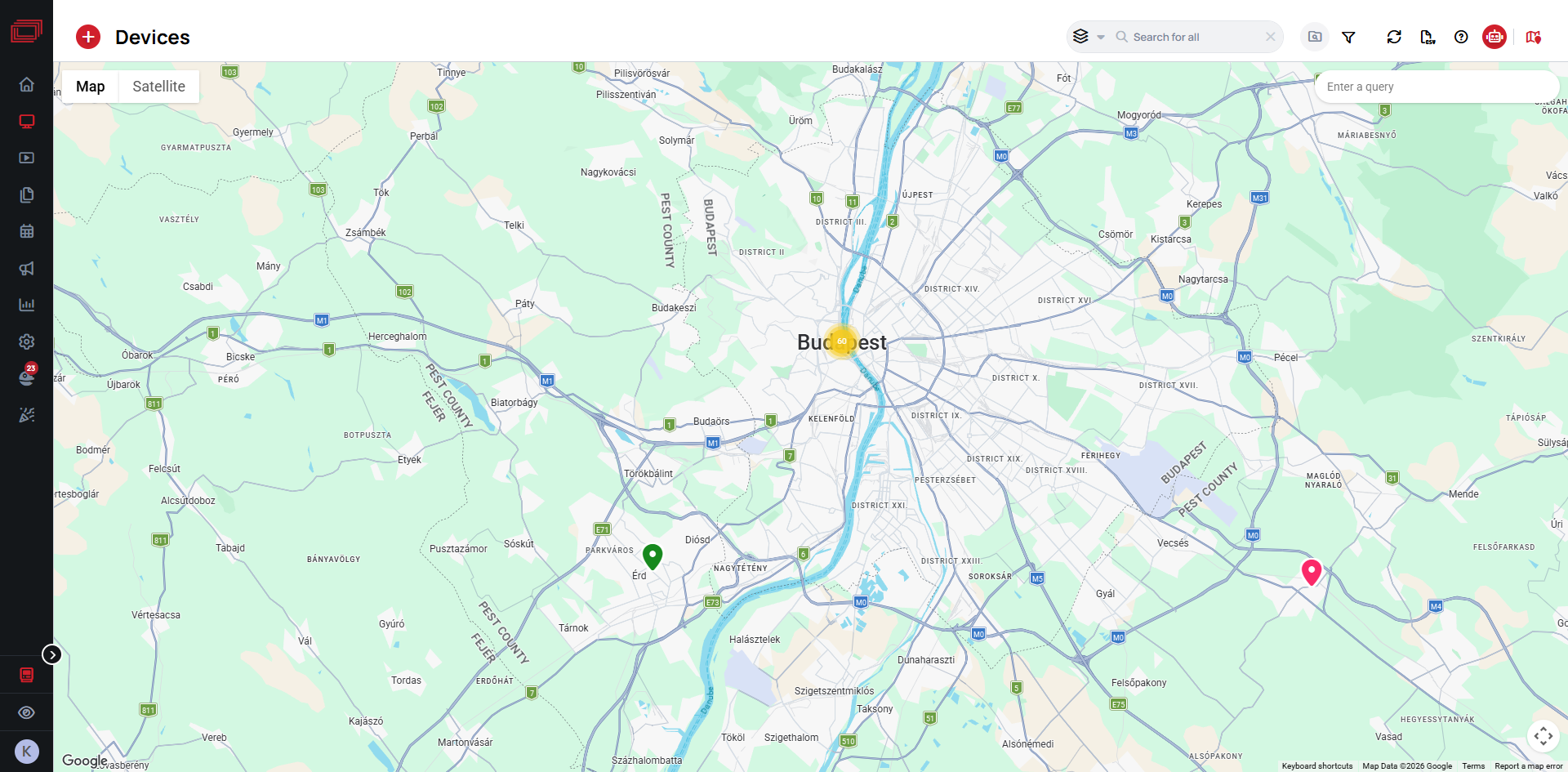 The Devices map showing a green pin and a red pin