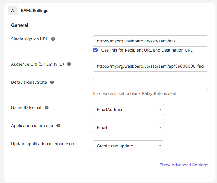 The Configure SAML step with the Single sign-on URL and Audience URI filled in, Name ID format set to EmailAddress and Application username set to Email