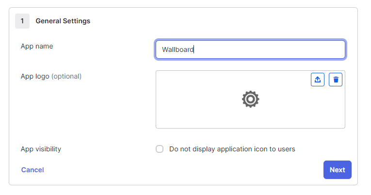The General Settings step of the SAML wizard with the app name entered