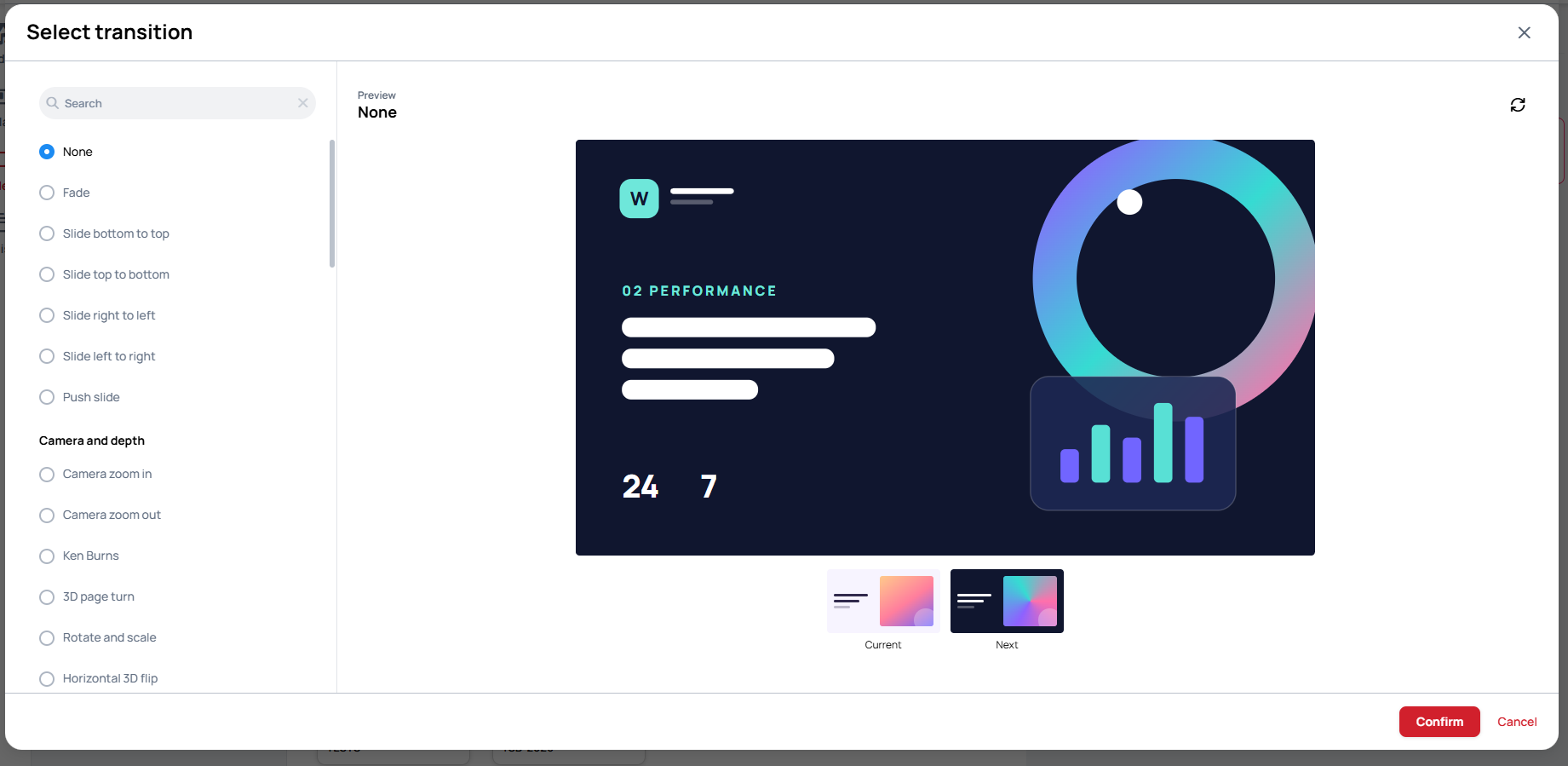 The Select transition picker with its grouped list and live preview