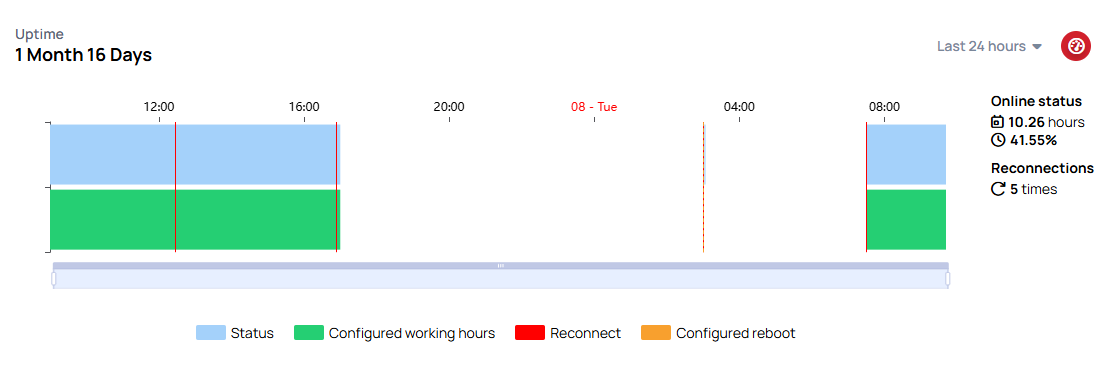 The Uptime chart, with the lifetime Uptime figure, the status and working-hours bands, and Online status beside it