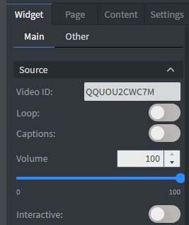 YouTube Widget Source section: Video ID, Loop, Captions, Volume and Interactive